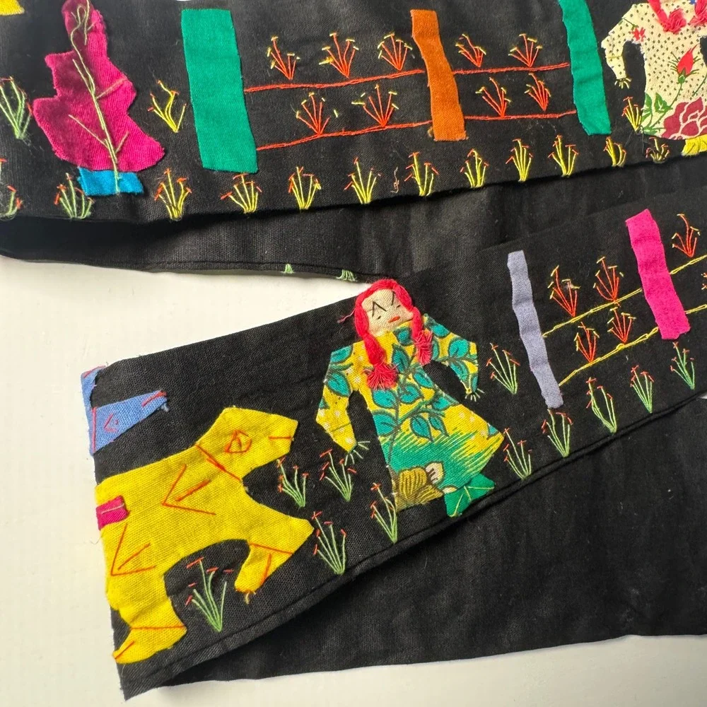Vtg Folk Art Hand Embroidered Applique Cotton Sash Belt Scarf India Maximalist